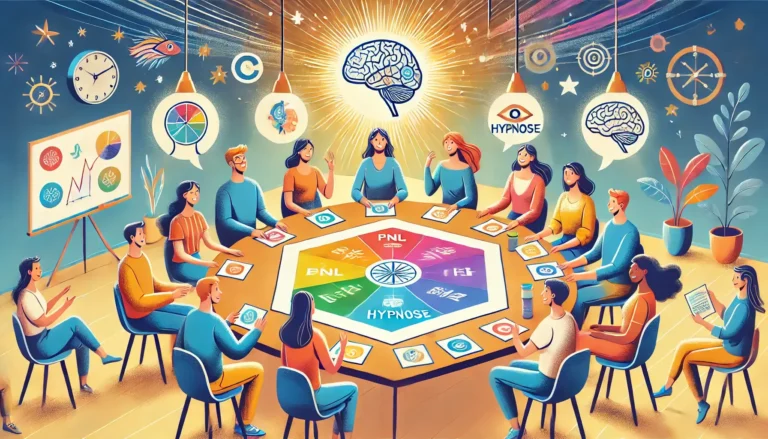 Une illustration chaleureuse et dynamique représentant des personnes en train d'apprendre la PNL et l'hypnose en jouant à un jeu de société.
