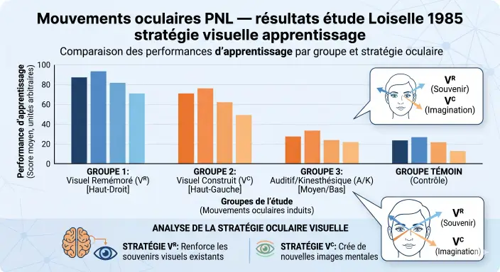 Mouvements oculaires PNL — résultats étude Loiselle 1985 stratégie visuelle apprentissage