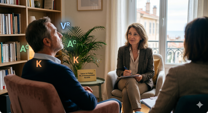 Praticien PNL utilisant les mouvements oculaires lors d'une séance d'accompagnement